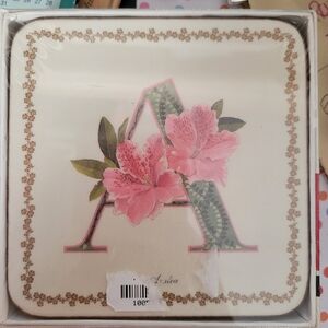 Azalea Floral Monogram Coasters "A" ~ Pimpernel ~ NIB/NOS ~ Tropical ~ Cork Back